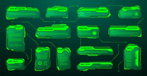 Green futuristic HUD, UI elements. Sci-fi user interface text boxes, callouts Illustrazione stock