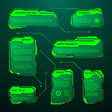 Green futuristic HUD, UI elements. Sci-fi user interface text boxes, callouts Stock Illustration