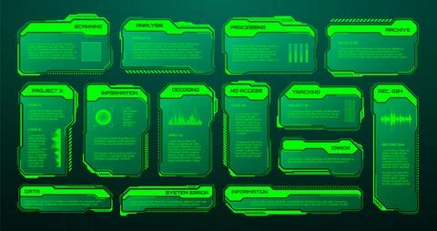 Green futuristic HUD, UI elements. Sci-fi user interface text boxes, callouts Stock Illustration