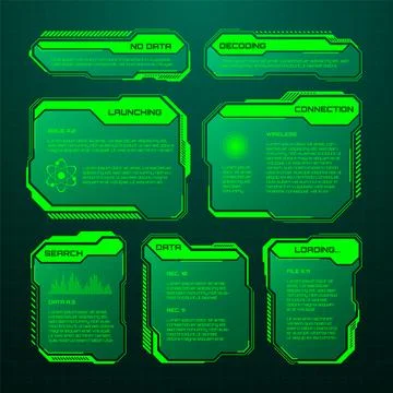 Green futuristic HUD, UI elements. Sci-fi user interface text boxes, callouts Illustrazione stock