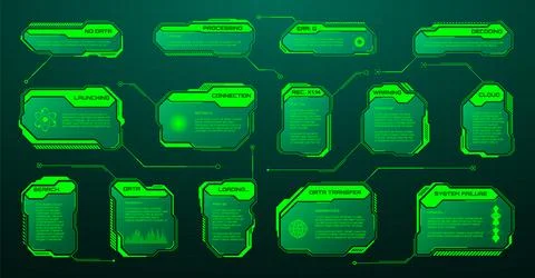 Green futuristic HUD, UI elements. Sci-fi user interface text boxes, callouts 库存插图