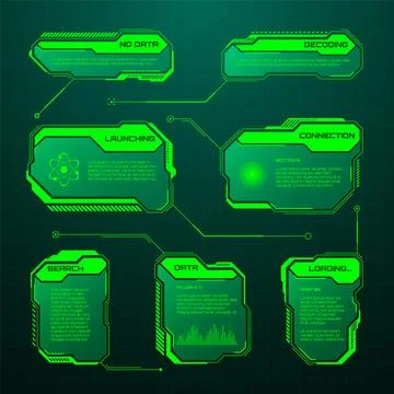 Green futuristic HUD, UI elements. Sci-fi user interface text boxes, callouts 库存插图