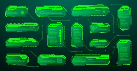 Green futuristic HUD, UI elements. Sci-fi user interface text boxes, callouts 库存插图