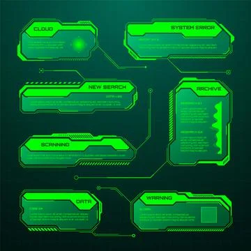 Green futuristic HUD, UI elements. Sci-fi user interface text boxes, callouts 库存插图