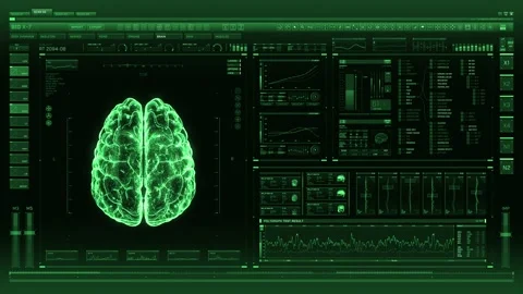 Green futuristic interface analyzing human brain anatomy and morphology Stock Footage 144989223