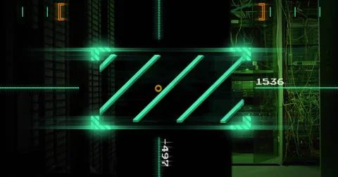Green futuristic loading bar image over server room background Illustrazione stock