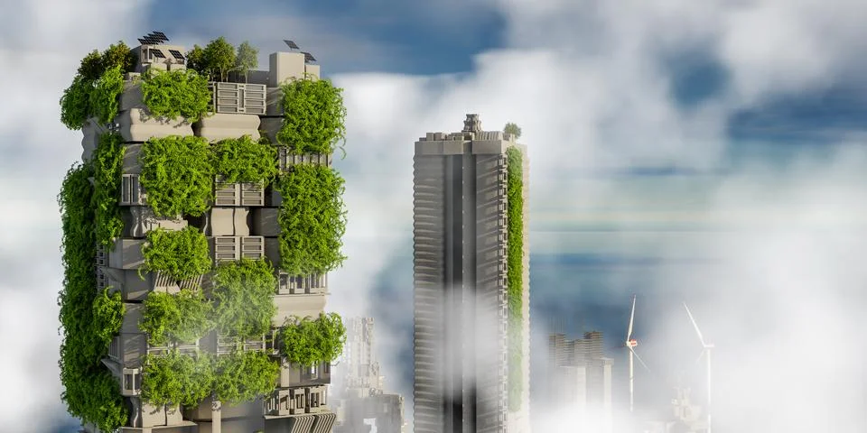 Green futuristic skyscraper, environment and architecture concepts - 3D Ill.. Ilustración de archivo