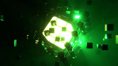 Green Futuristic Spinning Cube in Digital Space Background VJ Loop in 4K Stock Footage 344100820