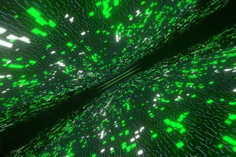 Green Futuristic Stream Data Communication Flying Into Digital Technologic 3d Illustrazione stock