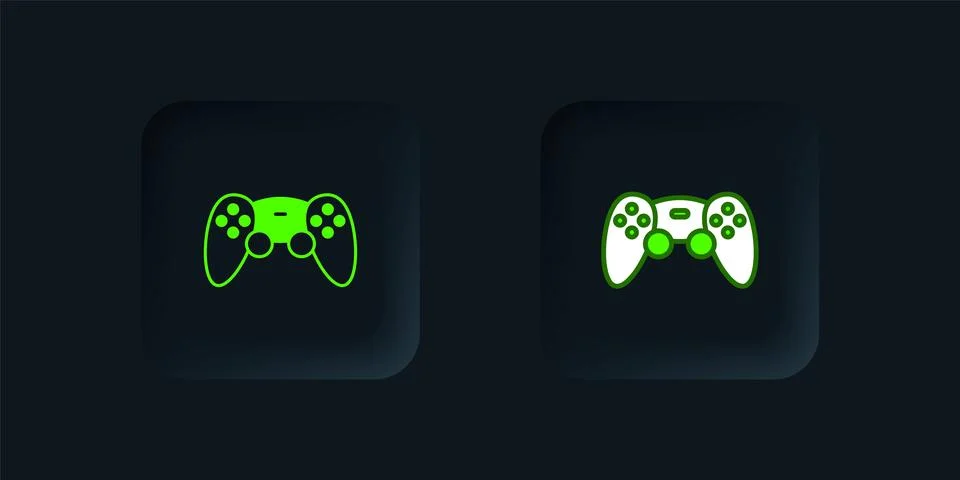 Green Game controller or joystick for game console icon isolated on black b.. Stock Illustration