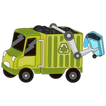 Green garbage truck from side view in cartoon style Stock Illustration