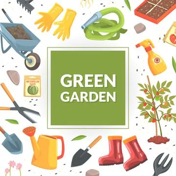 Green Garden Banner Template with Tools Seamless Pattern, Gardening, Farming and Illustrazione stock