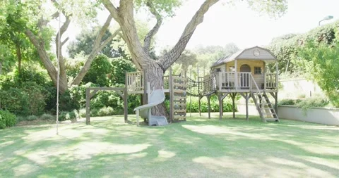 Green garden with big tree and wooden playground on sunny day Stock Footage 239886985