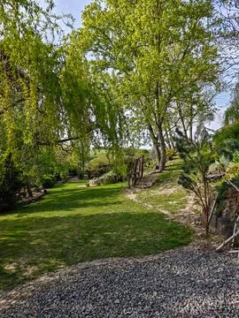Green garden path surrounded by trees and stone landscaping on a sunny day Stock Photos