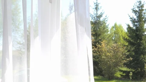 A green garden seen from beyond, behind a white curtain Vídeo Stock 89790076