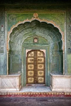 Green gate in Jaipur Stock Photos