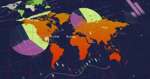As green gauge dropping, orange world map rotating pie segments, bar graphs Stock Footage 314792521
