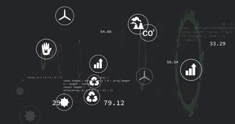 Green gear ring floating over dark dashboard scene, showing recycling icons, Vídeos de archivo 307438099