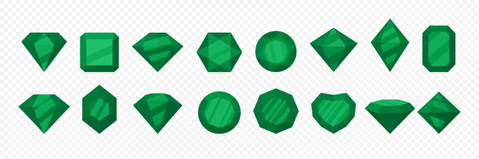 Green Gemstone Vector Set with Different Cuts. Emerald Crystal Icons in Various Stock Illustration