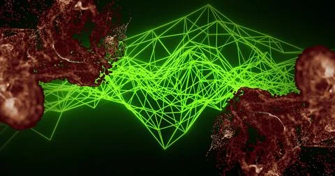 Green geometric network image over abstract red particles on dark background Stock Illustration
