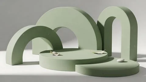 Green geometric shapes with seashells on a circular platform arches Stock Illustration