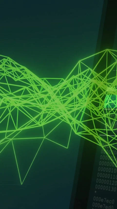 Green geometric wireframe animation over digital data on dark background Stock Footage 343645458