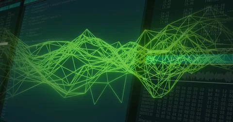 Green geometric wireframe image over digital data on dark background 스톡 일러스트