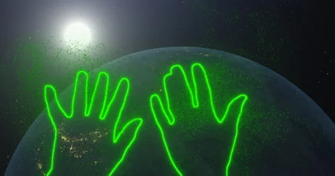 Green gesture hello, wave hands. Neon glowing outlines of hands show a symbol Vídeos de archivo 232372560