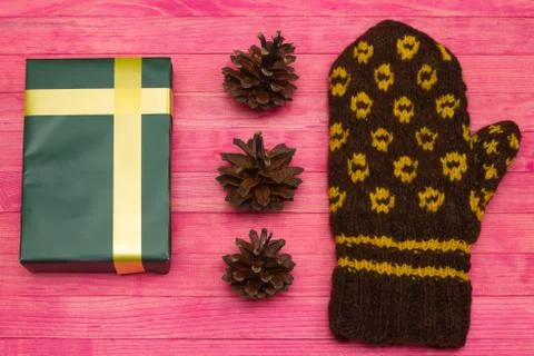 Green gift box and pine cone with mitten Stock Photos