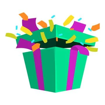 Green gift box exploding with colorful confetti and ribbon 스톡 일러스트
