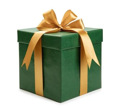 Green gift box wrapped with gold bow and ribbon isolated on white background Stock Photos