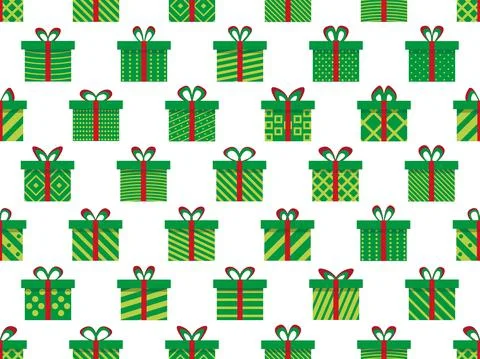 Green gift boxes with red ribbon seamless pattern. Gift boxes with geometric Illustrazione stock