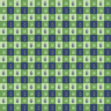 Green gingham with beetles seamless vector pattern Illustrazione stock