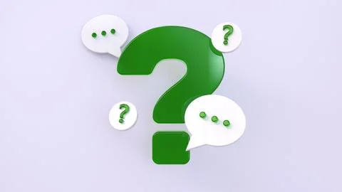 Green glass 3d question mark icon surrounded by speech bubbles. Question an.. Stock Illustration