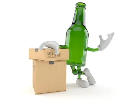 Green glass bottle character with stack of boxes Stock Illustration