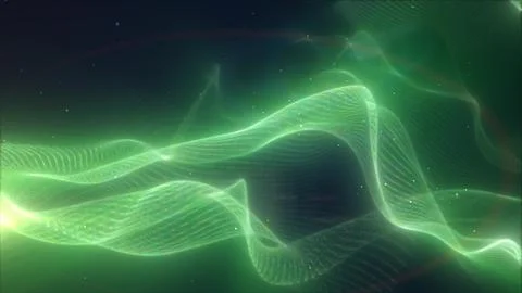 Green glowing abstract energy wave with fluid motion and particle structure.. Stock Illustration