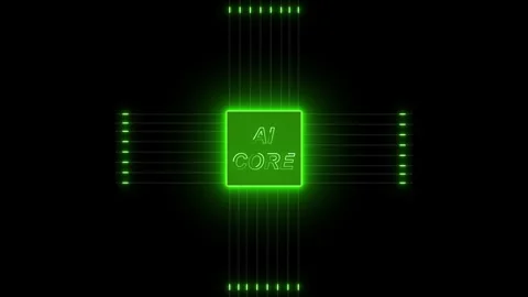 Green glowing ai core text on square microchip with data lines . Green glow.. Stock Footage 337363998