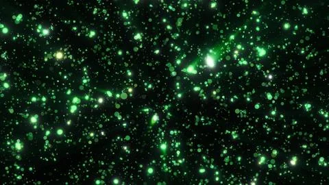Green glowing bokeh particles scattered on a dark background Stock Illustration
