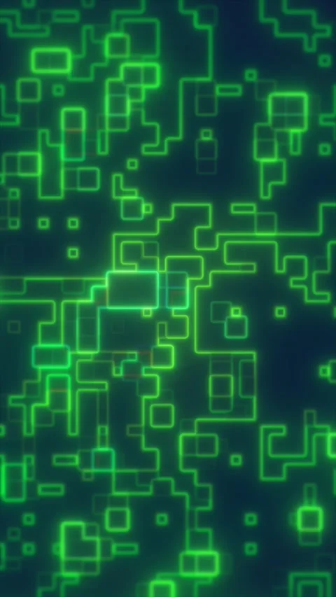 Green glowing circuit-style geometric pattern with neon squares and lines, .. Stock Footage 334887983