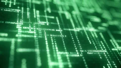 Green glowing code strings move across the screen. Computer related 3D rendering Stock Illustration