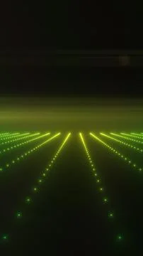 Green glowing digital grid with rows of lights stretching toward a dark hor.. Stock Illustration