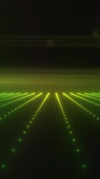 Green glowing digital grid with rows of lights stretching toward a dark hor.. Stock-Illustration
