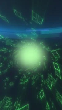 Green glowing digital rectangles spiral into a bright portal, creating a fu.. Stock Illustration