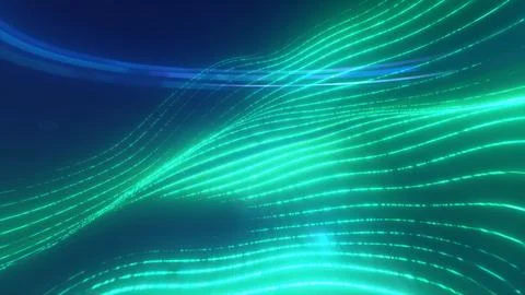 Green glowing energy waves from small particles and lines abstract background 库存插图