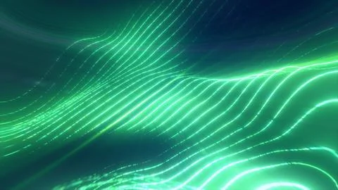Green glowing energy waves from small particles and lines abstract background Stock Illustration
