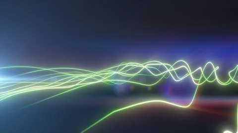 Green glowing light trails flowing across a dark blue background, creating .. Stock Illustration