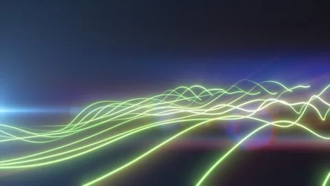 Green glowing light trails flowing across a dark blue background, creating .. Stock Illustration