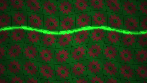 Green Glowing Line Moving over Red Flower Pattern Grid Background Stock Footage 343715851