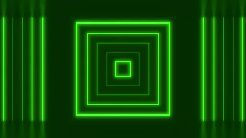 Green glowing neon square frame and vertical line pattern forming a futuristic Stock Footage 262599316