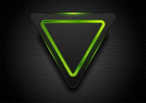Green glowing neon triangle on black perforated tech texture background Illustrazione stock